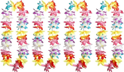Boland Hawaii krans/slinger - 4x - Met LED lichtjes - Tropische/zomerse kleuren mix - Bloemen hals slingers - Party verkleed accessoires