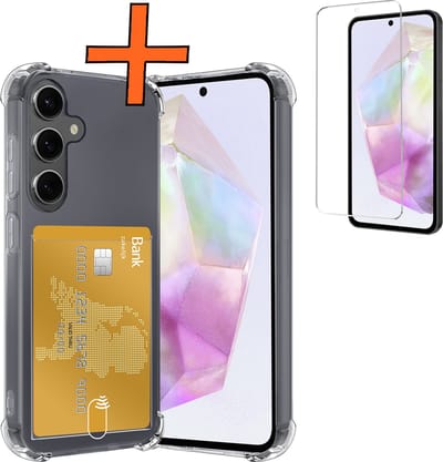 Hoes - Geschikt voor Samsung Galaxy A35 - Met Screenprotector - En Pashouder - En Kaarthouder - Telefoon Hoesje Shockproof - Siliconen Case - Back Cover - Shock Proof - Pasjes Houder - Transparant