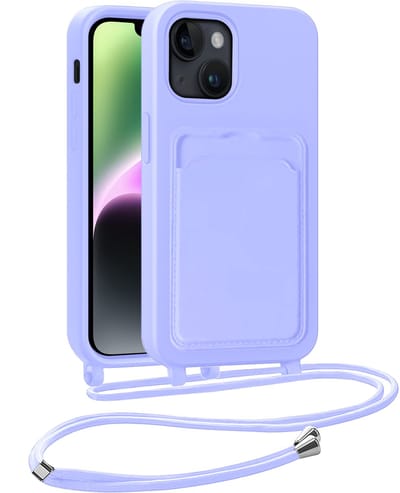 Hoesje Geschikt voor iPhone 13 Hoesje Met Telefoonkoord en Pasjeshouder Siliconen - Hoes Geschikt voor iPhone 13 Hoesje Met Kaarthouder Case - Lila