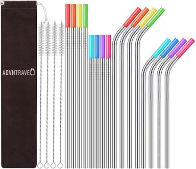 ADVNTravel - set van 34 stuks - 14 rietjes - 7 rechten & 7 gebogen - 4 schoonmaakborstels - 16 siliconen mondstukjes - fluwelen tasje - 21 cm - Stijlvol - Handig voor in de tas