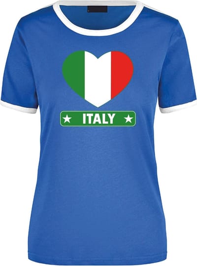 Italy blauw/wit ringer t-shirt - Italie vlag in hartje - voor dames - supporter kleding S