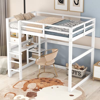Sweiko Hoogslaper - 140 x 200 cm - met bureau - opbergplank - kinderbed - Wit