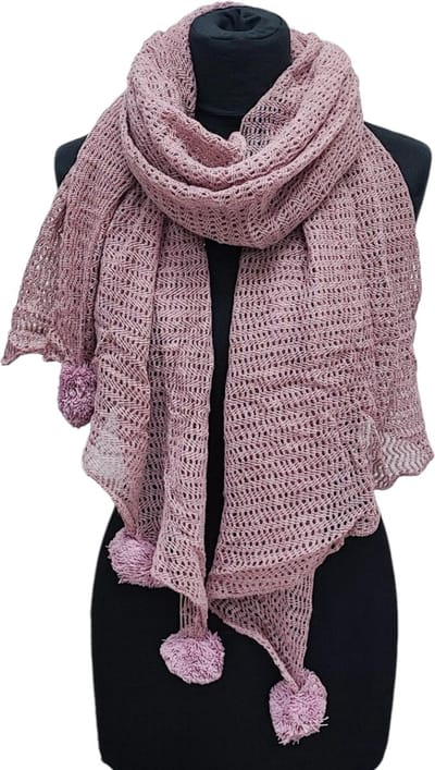 Lange Gebreide Sjaal - Pompon - Oudroze - 200 x 65 cm (4637)