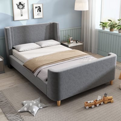 Kinderbed 90 x 200 cm - gestoffeerd bed - eenpersoonsbed - sterrenhemel patroon - grijs - zonder matras
