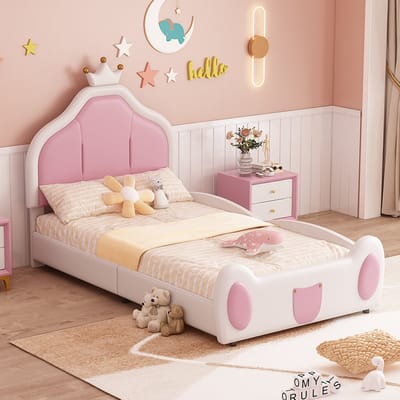 KOMHTOM Bed Kinderbed 90x200 cm Eenpersoonsbed met kroonlijst tweekleurig wit