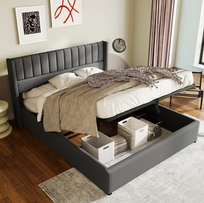MEUNIQ opbergbed 180x200 cm hydraulisch tweepersoonsbed met gestoffeerd hoofdbord, lattenbodem, metalen frame en bedkist voor slaapkamer, grijs