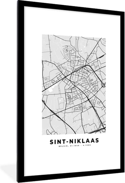 Fotolijst incl. Poster Zwart Wit- Stadskaart – Plattegrond – België – Zwart Wit – Sint Niklaas – Kaart - 80x120 cm - Posterlijst