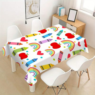 Kleurrijk Schoolbus & Regenboog Polyester Tafelkleed - Dik, Rechthoekig Ontwerp voor Huis, Restaurants, Cafés, Buiten Eten 100x145cm