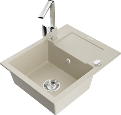 Mexen Enzo granieten gootsteen 1-komorige met afdruiprek en keukenmengkraan Rita, beige - 6506-69-670300-00