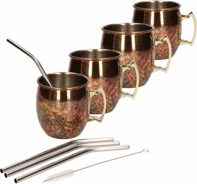 Moscow Mule cocktail set 4x cocktailbekers/cocktailglazen 450 ml antiek koper - Inclusief 4x RVS herbruikbare rietjes