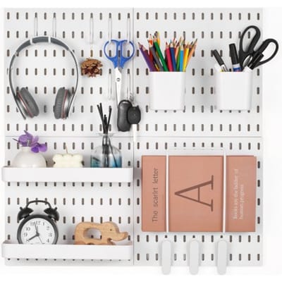 VEVOR Tool Wall, 28 x 28 cm, set van 4, kunststof wandorganizerset met accessoires, voor garage, gereedschapsopslag, keuken, woonkamer, hobbykamer, kantoor, badkamer, huis, wit