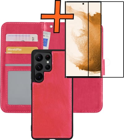Hoes - 2 in 1 - Geschikt voor Samsung Galaxy S22 Ultra - Met Screenprotector - En Uitneembare Hard Cover - Bookcase - Wallet Case - Met Pasjeshouder - Book Case - Uitneembaar - Pashouder - Kunstleer - Donkerroze