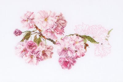 Thea Gouverneur - Borduurpakket met telpatroon - 512A - Voorgesorteerde DMC Garens - Prunus Bloesem - Aida - 30 cm x 20 cm - DIY Kit