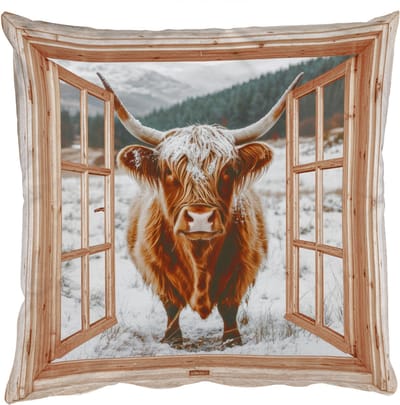 Sierkussens - Kussentjes Woonkamer - 50x50 cm - Schotse Hooglander - Landschap - Landelijk - Bergen - Winter - Doorkijk