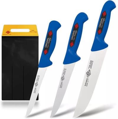 Eikaso Solingen Slagersmessenset Blauw – 3-Delig – IJsgehard Molybdeenstaal – Ergonomisch – Incl. Messentas