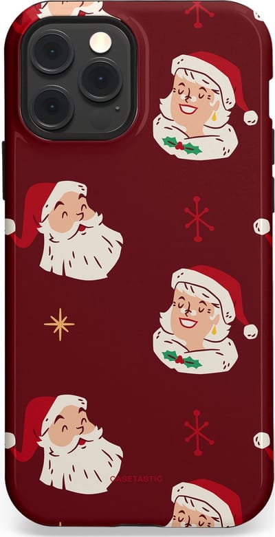 Casetastic hoesje geschikt voor Apple iPhone 12 / Apple iPhone 12 Pro - MagSafe - Dubbellaagse bescherming - Mr. & Ms. Santa - Kerst - Fashion Case - Bordeaux Lichtgrijs Taupe