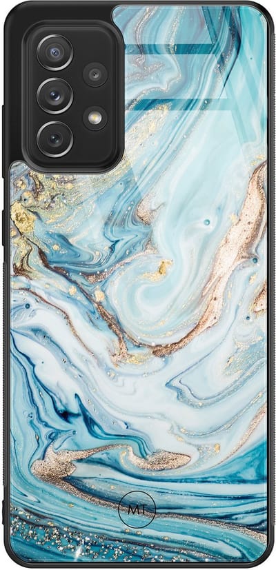 Hoesje geschikt voor Samsung Galaxy A52 5G - Marmer blauw goud - Hard Case Zwart Back Cover - Marmer - Blauw, Goud - Mooie Telefoonhoesjes