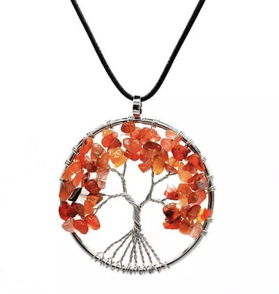 ASTRADAVI Kristal Tree of Life - Hanger - Levensboom Positieve Energie Hanger met Ketting - Chakra Kristal Edelstenen - Oranje Kristallen met Zwart Vegan Lederen Koord