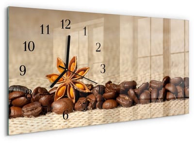 Tulup Wandklok - Koffiebonen Wandklok Glas Decoratie - 60x30 cm - Bruin Gekleurde Glazen Klok - Zwarte Handen - Rechthoekige Wandklok - Glazen Wandklok Design - Klok Glas Met Opdruk