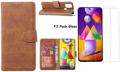 Hoesje Geschikt Voor Samsung Galaxy M31S Boek Hoesje / Wallet cover - Bruin Met 2X glas Screenprotector