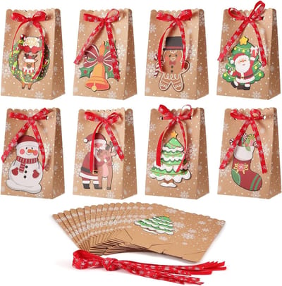24 Geschenkdozen voor Kerstfeest, Kraftpapier Geschenkzakjes met Lint voor Cadeaus, Ideaal voor Koekjes en Snacks