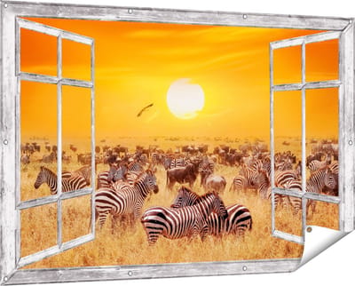 Gards Tuinposter Doorkijk Kudde Zebra's bij een Oranje Zonsondergang - 150x100 cm - Tuindoek - Tuindecoratie - Wanddecoratie buiten - Tuinschilderij