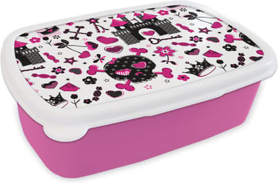 Broodtrommel Roze - Lunchbox - Brooddoos - Meiden - Kroon - Hart - Patronen - Girl - Kindje - Kinderen - 18x12x6 cm - Kinderen - Meisje