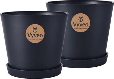 Vyveo - Bloempot Norden met onderzetter - Set van 2 - 12x11 - Zwart - Bloempot voor binnen en buiten - Lichtgewicht - Breukbestendig - Vorstbestendig - UV-bestendig