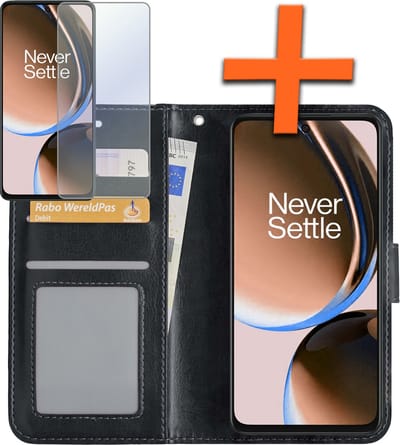Hoes - Met Screenprotector - Geschikt voor OnePlus Nord CE 3 Lite - Luxe Pasjeshouder - Bookcase Portemonee - Flip Case - Kunstleer Book Case - Flipcase - Book Cover - Walletcase - PortemonneeHoes - Zwart
