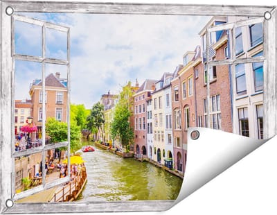 Gards Tuinposter Doorkijk Huizen aan de Oudegracht in Utrecht - 60x40 cm - Tuindoek - Tuindecoratie - Wanddecoratie buiten - Tuinschilderij