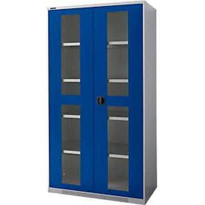 Schaefer Shop Genius FS open deurkast, 5 OH, afsluitbaar, 4 legborden, tot 450 kg, B 1055 mm, staal, alu wit RAL 9006/genziana blauw RAL 5010