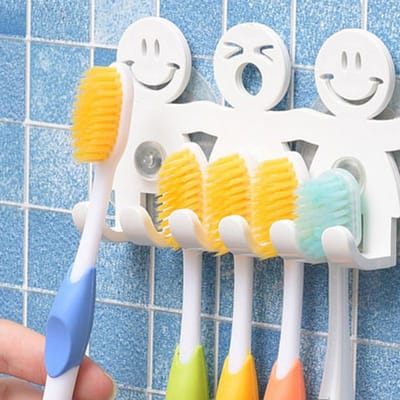 1 porte-brosse à dents mural à ventouse 5 positions, ensemble de salle de bain avec sourire de dessin animé mignon, accessoires de salle de bain yellow