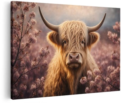 Artaza Canvas Schilderij Schotse Hooglander - Bloemen - Dierenportret - 90x60 cm - Wanddecoratie Woonkamer - Schilderijen - Muurdecoratie