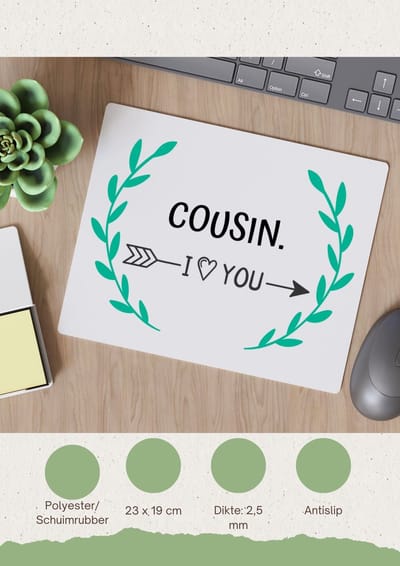 Akyol - cousin i love you Muismat - Neef - de liefste neef - verjaardag - cadeautje voor neef - neef artikelen - kado - geschenk - 23 bij 19 cm