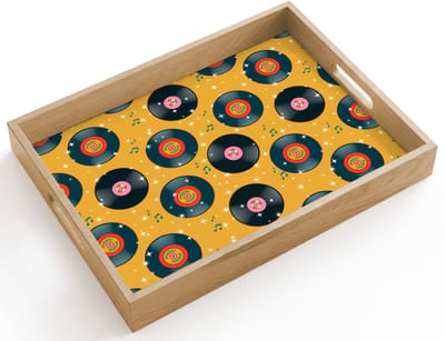 Dienblad hout 40x30 cm - Schootdienblad - Muziek - Patroon - Geel - Borrelplank rechthoek - Plateau dienbladen