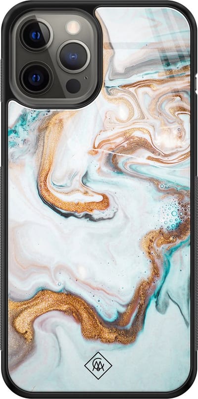 Casimoda® hoesje - Geschikt voor iPhone 12 Pro Max - Goud Blauw Marmer - Luxe Hard Case Zwart - Backcover telefoonhoesje - Blauw