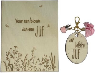 Sleutelhanger en kaartje JUF | roze | voor een bloem van een juf | bedankt lieve juf | jij bent de liefste | liefste juf | topjuf | einde schooljaar | cadeau