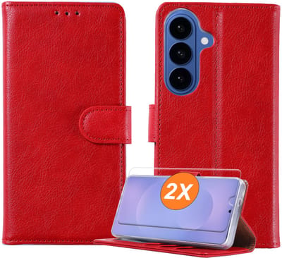 Hoesje geschikt voor Samsung Galaxy A57 5G hoesje Rood pasjeshouder telefoon hoes - Met screenprotector tempered glass voor Galaxy A57 5G - 2x