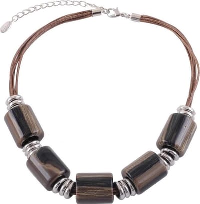 Behave - Korte ketting met waxkoord en grote kralen, donker bruin - 44 cm + verlengketting