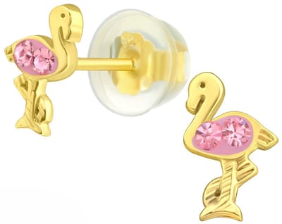 Joy|S - Zilveren flamingo vogel oorbellen - roze kristal - 5 x 8 mm - gold plated - kinderoorbellen met siliconen vlinder sluiting - goudkleur met roze