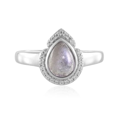 Cavill - Elegante Peervormige Ring - 925 Sterling Zilver Geplatineerd - Roze Labradoriet 1 17 ct + Cambodjaanse Zirkonia 0 16 ct