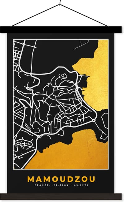 Posterhanger incl. Poster 40x60 cm - Schoolplaat - Plattegrond – Mamouodzou – Stadskaart – Kaart – Frankrijk - Textielposter - Zwarte latten - Stadskaart