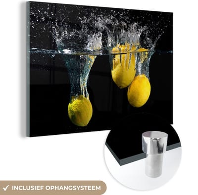 MuchoWow® Glasschilderij 150x100 cm - Schilderij acrylglas - Citroen - Fruit - Stilleven - Water - Geel - Foto op glas - Schilderijen