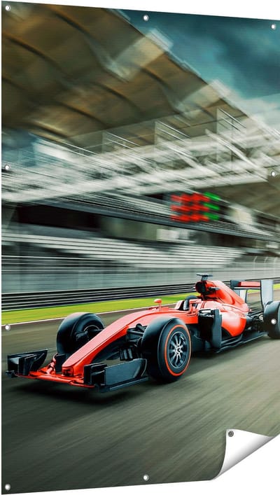 Gards Tuinposter Formule 1 Auto bij de Finish in het Rood - 100x150 cm - Tuindoek - Tuindecoratie - Wanddecoratie buiten - Tuinschilderij
