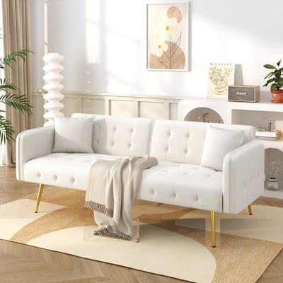 MODENUIT Slaapbank 215 x 81,5 cm - Verstelbare Rugleuning - Voor Woonkamer en Logeerkamer - Fluweel Oudwit