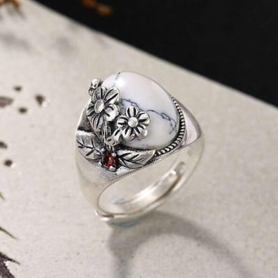 POMOiii Imitatie S925 Thais Zilver Temperament Turquoise Bloemblaadje Open Ring voor Vrouwen Bruiloft Verlovingsfeest Trendy Sieraden Resizable