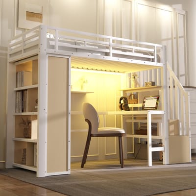 Hoogslaper 90 x 200 cm - met bureau - opbergvak - LED-verlichting - trap met opbergruimte - zonder matras - wit