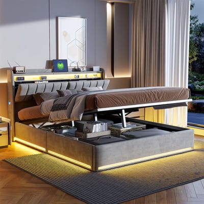 Luxe Grijs Velvet Opbergbed 140x190 cm – Gasveer Bed met LED, USB & Type-C, Modern Hoofdbord met Opbergruimte