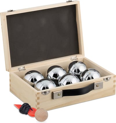 jeu de boules set - 6 stalen ballen - Ø: 7,2 cm - houten koffer - but en meetlint
