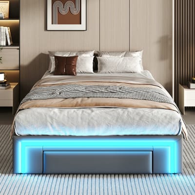 VVBV Eenpersoonsbed 90x200 cm - Lades, LED-Verlichting, Hoofdbord, Voor Slaapkamer/Gastenkamer - Metaal/PU-leer Grijs